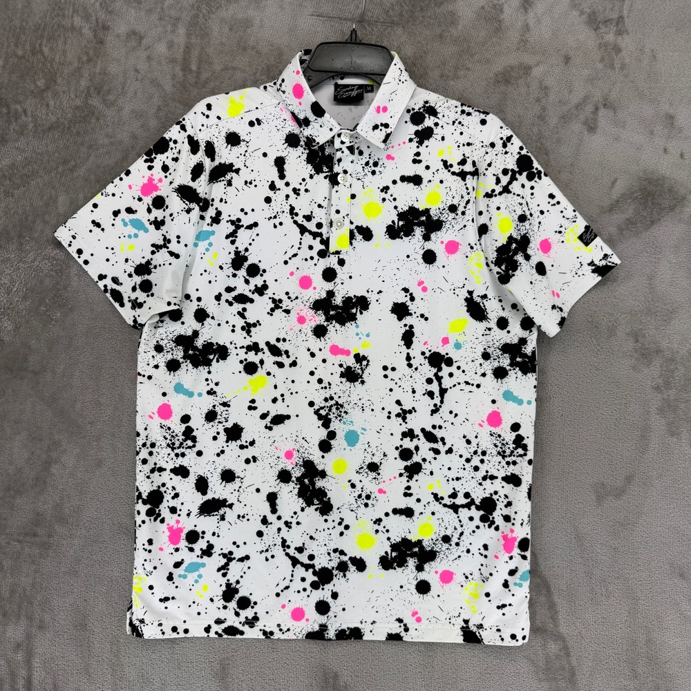 Sunday Swagger Polo Men M Paint Splatter White Black Neon Golf Short Sleeve EUC